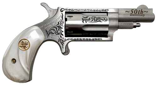 North American Arms 22M50 50th Anniversary  22 Mag 5 Shot 1.63" Matte Stainless w/"50th Anniversary" & Scroll Engraving, White Pearl Grip, Exposed Hammer                                               
