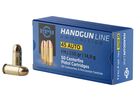 PPU PPH45F Handgun 45ACP 230gr Full Metal Jacket 50 Per Box/10 Case