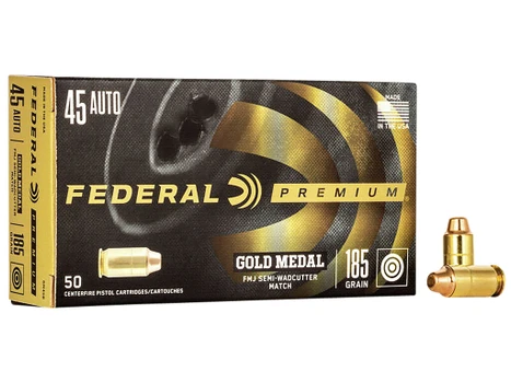 Federal GM45B Premium Gold Medal 45ACP 185gr Full Metal Jacket Semi Wadcutter 50 Per Box/20 Case