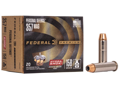 Federal P357HS1 Premium Personal Defense 357Mag 158gr Hydra-Shok Jacketed Hollow Point 20 Per Box/25 Case