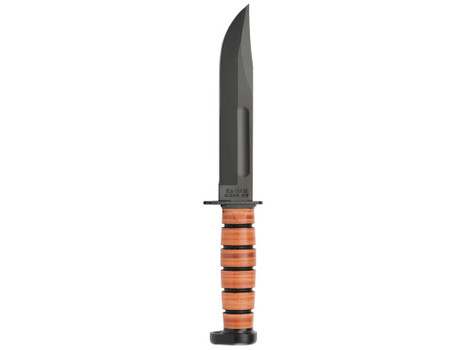 Ka-Bar 1317 Dog's Head Utility Knife 7" Fixed Clip Point Plain Black 1095 Cro-Van Blade, Brown Leather Handle, Includes Sheath