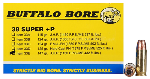 Buffalo Bore Ammunition 33E20 Personal Defense Strictly Business 38Super +P 147gr Jacket Hollow Point 20 Per Box/12 Case                                                                                