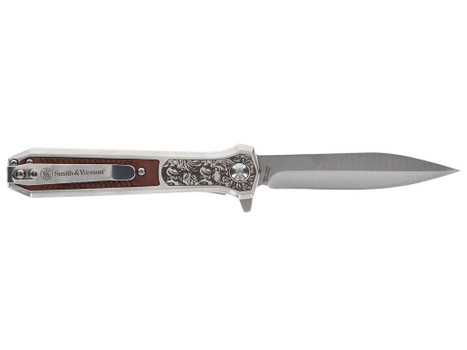 Smith & Wesson Knives 1205011 Unwavered 3.50" Folding Dagger, Plain Stonewashed 8Cr13MoV SS Blade, 4.25" Rosewood w/SS Scales Handle
