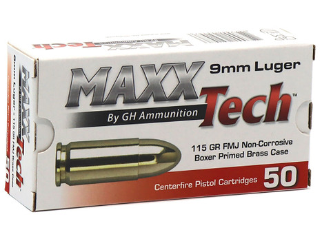 MaxxTech PTGB9MMB Brass Pistol 9mmLuger 115gr Full Metal Jacket 50 Per Box/10 Case