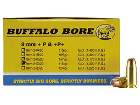 Buffalo Bore Ammunition 24D20 Personal Defense Strictly Business 9mmLuger +P 115gr Jacket Hollow Point 20 Per Box/12 Case
