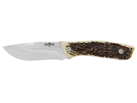Camillus 19246 Western Crosstrail 4.25" Fixed Drop Point Plain Silver 420 Steel Titanium Bonded Blade, Stag/Antler Delrin Handle, Includes Belt Loop/Sheath
