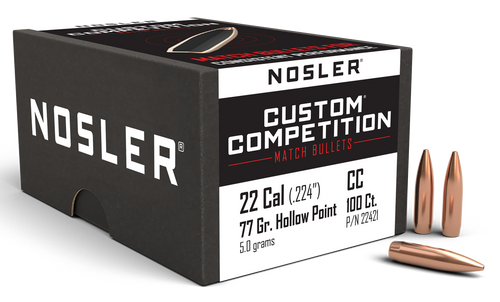 Nosler 22421 Custom Competition 22Cal 77gr Hollow Point Boat Tail 100/Box                                                                                                                               