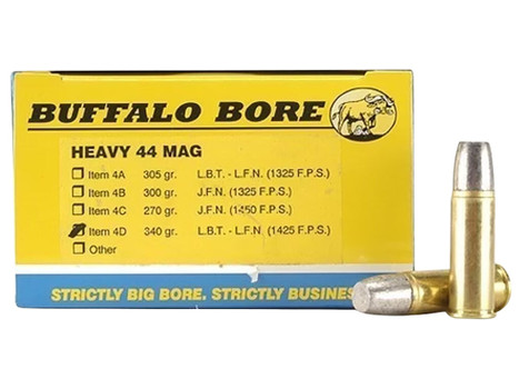 Buffalo Bore Ammunition 4D20 Heavy Strictly Business 44Rem Mag +P+ 340gr Lead Flat Nose 20 Per Box/12 Case