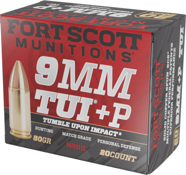 Fort Scott Munitions 9MM+P-080-SCV Tumble Upon Impact (TUI)  9mm+P 80gr Solid Copper Spun 20 Per Box/25 Case                                                                                            