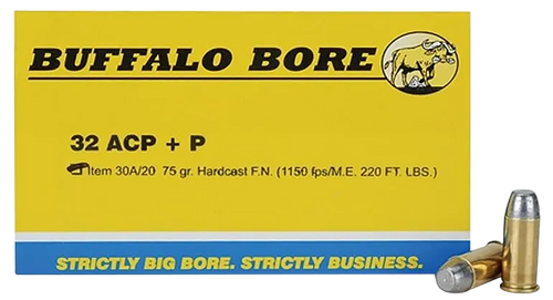 Buffalo Bore Ammunition 30A20 Personal Defense Strictly Business 32ACP +P 75gr Hard Cast Flat Nose 20 Per Box/12 Case                                                                                   