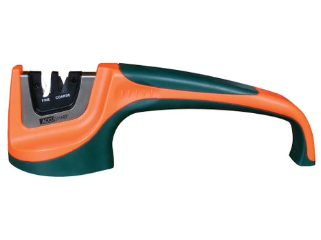AccuSharp 039C Pull-Through Sharpener Hand Held Fine, Coarse Tungsten Carbide and Ceramic Sharpener Rubber Handle Black/Orange