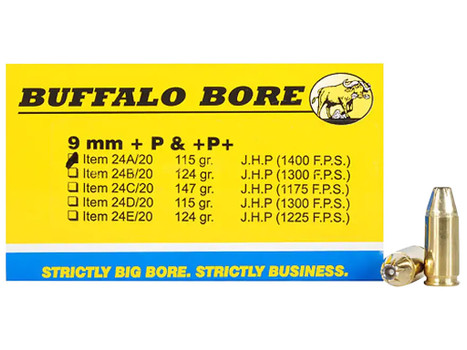 Buffalo Bore Ammunition 24A20 Personal Defense Strictly Business 9mmLuger +P+ 115gr Jacket Hollow Point 20 Per Box/12 Case