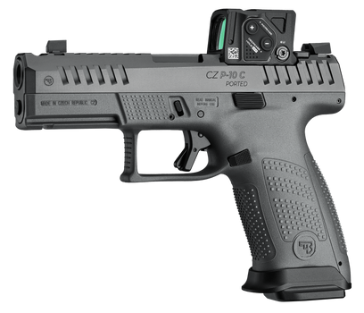 CZ-USA 91582 P-10 C  Compact 9mm Luger 15+1 4" Black Nitride Integral Compensator Barrel, Black Nitride Steel Serrated w/Optic Slide, Black Polymer Frame w/Accessory Rail Textured Grip, Aimpoint COA 3