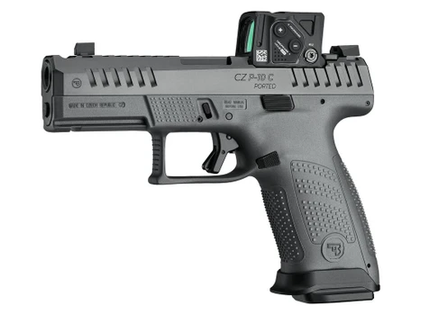 CZ-USA 01582 P-10 C w/Optic Compact Frame 9mm Luger 10+1 4" Black Nitride Integral Compensator Barrel, Black Nitride Steel Serrated w/Optic Slide, Black Polymer Frame w/Accessory Rail Textured Grip, A