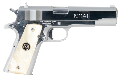 Iver Johnson Arms 1911A138CHRWP 1911 38 Super 8+1 5" Stainless Steel Barrel, Bright Polish Chrome Stainless Steel Serrated Slide, Pearl Grip                                                            