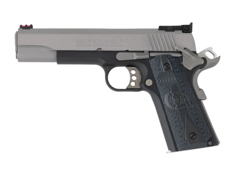 Colt Mfg O5973GCL-TT Gold Cup 38 Super 9+1 5" Stainless National Match Barrel, Brushed Stainless Steel Serrated Slide, Black/Stainless Steel Frame w/Beavertail, Blue Scalloped G10 Grip, Ambidextrous