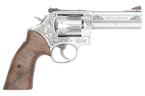 Smith & Wesson 14783 Model 686 +  L-Frame Medium 357 Mag/38 Special +P 7 Shot 4.13" Stainless Steel Engraved Barrel, Cylinder & Frame, Tyler Gun Works Bear Hugger Walnut Grip, Exposed Hammer          