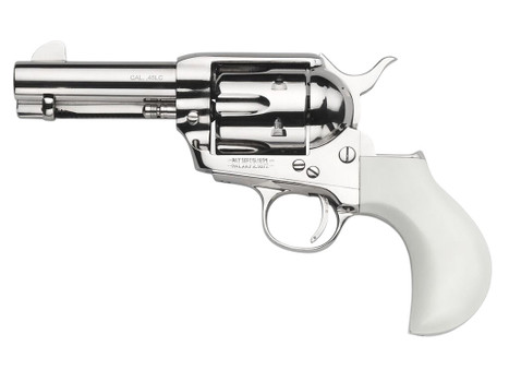 Taylors & Company 200111 1873 Flat Top Pietta 9mm Luger 6 Shot 3.50" Nickel Round Barrel, Cylinder & Steel Frame, PVC White Flat Birdshead Grip, Exposed Hammer