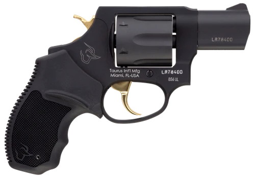 Taurus 2-856021ULGLD 856 Ultra-Lite 38 Special Caliber with 2"  Barrel, 6rd Capacity Cylinder, Overall Matte Black Metal Finish, Gold Trigger/Hammer Frame & Finger Grooved Black Rubber Grip           