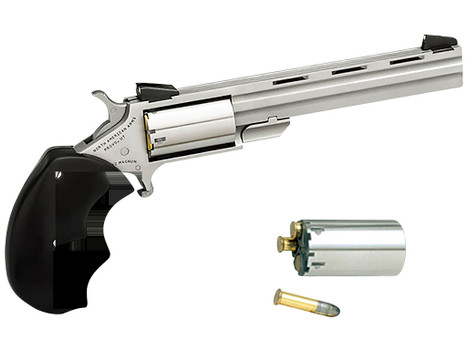 North American Arms MMC Mini-Master *CA Compliant 22 LR 22 WMR 5 Shot 4" Stainless Vent Rib Barrel, Stainless Steel Frame & Cylinder, Black Finger Grooved Rubber Grip, Exposed Hammer