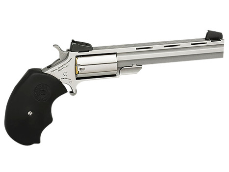 North American Arms MMTL Mini-Master *CA Compliant 22 LR 5 Shot 4" Stainless Steel Vent Rib Barrel, Stainless Steel Frame, Stainless Cylinder, Black Finger Grooved Rubber Grip, Exposed Hammer