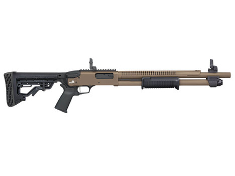 Mossberg 50758 590R 12 Gauge Pump 3" 6+1 18.50" Flat Dark Earth Cerakote Heat Shield Barrel, Flat Dark Earth Cerakote Steel Receiver, Black AR Mil-Spec Adjustable Synthetic Stock, Black Magpul Grip