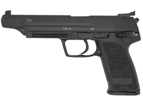 HK 81000368 USP V1 Elite 45 ACP 10+1 6.02" Stainless Stainless Steel Barrel, Black Long/Serrated Steel Slide, Black Polymer Frame, Black Polymer Grip