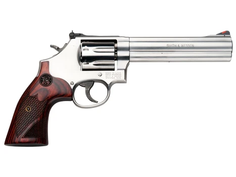 Smith & Wesson 150712 Model 686 Plus Deluxe 357 Mag or 38 S&W Spl +P Stainless Steel 6" Barrel, 7rd Cylinder, Satin Stainless Steel L-Frame, Textured Wood Grip, Internal Lock