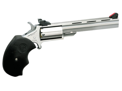 North American Arms MMTM Mini-Master *CA Compliant 22 WMR 5 Shot 4" Stainless Steel Vent Rib Barrel, Stainless Steel Frame, Stainless Cylinder, Black Finger Grooved Rubber Grip, Exposed Hammer