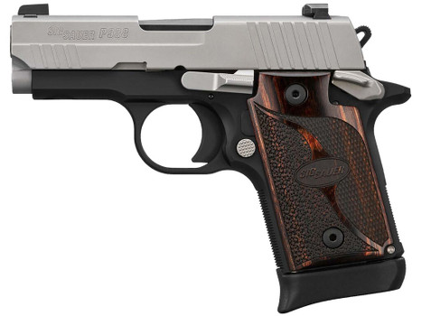 Sig Sauer 9389TXR3AMBI P938 Micro-Compact Frame 9mm Luger 6+1/7+1 3" Black Steel Barrel, Bead Blast Serrated Stainless Steel Slide, Black Anodized Aluminum Frame w/Beavertail, Rosewood Hogue Grip