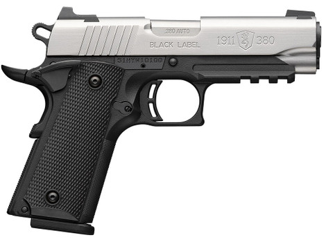 Browning 051121492 1911 Black Label Compact 380 ACP 8+1 3.63" Stainless Steel Barrel, Satin Stainless Steel Serrated Slide, Matte Black Polymer Frame w/Picatinny Rail, Black Polymer Grip