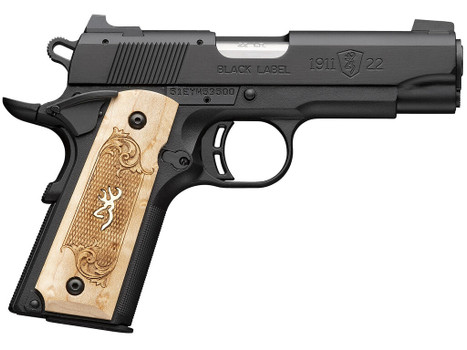 Browning 051068490 1911-22 Black Label Medallion Compact Frame 22 LR 10+1 3.63" Stainless Steel Barrel, Matte Black Serrated Slide, Matte Black Aluminum Frame w/Beavertail, Maple Medallion Grip
