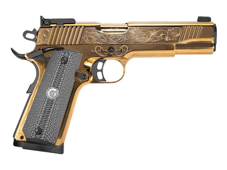 Girsan 390093 MC1911 S Lux 45 ACP 8+1 5" Gold Plated PVD Steel Barrel, Gold Finish Engraved Serrated w/Engraving Steel Slide, Gold Plated Steel Frame, Black G10 Grip