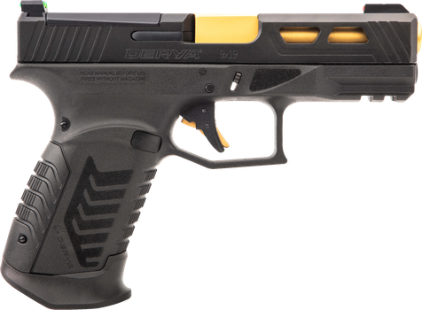 Derya Firearms DY9GUS DY9  9mm Luger 15+1 4.02" Gold TiN Steel Barrel, Black Nitride Optics Ready/Serrated Alloy Steel Slide, Black Polymer Frame w/Accessory Rail, Black Interchangeable Backstrap Grip