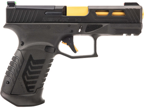 Derya Firearms DY9GUS DY9 9mm Luger 15+1 4.02" Gold TiN Steel Barrel, Black Nitride Optics Ready/Serrated Alloy Steel Slide, Black Polymer Frame w/Accessory Rail, Black Interchangeable Backstrap Grip