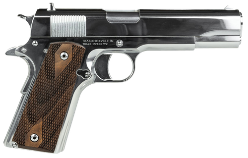 Tisas 10100513 1911 Regulator Full Size Frame 9mm Luger/38 Super 9+1 5" Stainless Steel Barrel, Polished Chrome Steel Serrated Slide, Chrome High Polished Steel Frame w/Beavertail, Turkish Walnut Grip