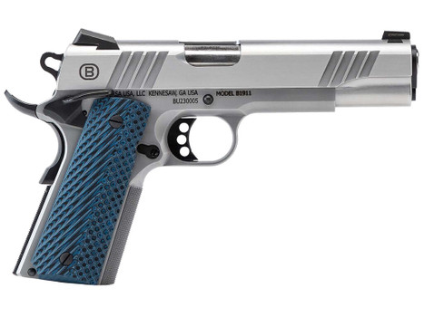 Bersa B19117050SMBL B1911 Full Size Frame 45 ACP 8+1 5" Stainless Steel Barrel, Polished Stainless Serrated Steel Slide, Matte Stainless Stainless Steel Frame w/Beavertail, Blue VZ Grip, Ambidextrous