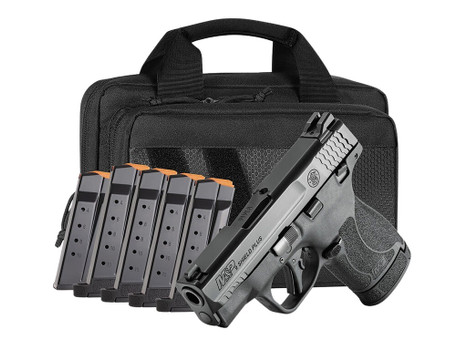 Smith & Wesson 14750 M&P Shield Plus Bundle Micro-Compact 9mm Luger 13+1, 3.10" Black Armornite Stainless Steel Barrel & Serrated Slide, Matte Black Polymer Frame, Thumb Safety, 6 Mags & Bag