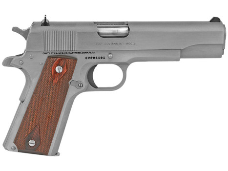 Colt Mfg O1911CSS38 1911 Government 38 Super 9+1 5" Stainless National Match Barrel, Serrated Stainless Steel Slide & Frame w/Beavertail, Diamond Checkered Rosewood