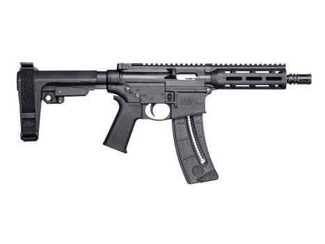 Smith & Wesson 13321 M&P15 Pistol 22 LR 8" Black Carbon Steel Barrel 25+1, Black SB Tactical SBA3 Adjustable Arm Brace Stock, Black Magpul MOE Grip, Manual Safety, Optics Ready