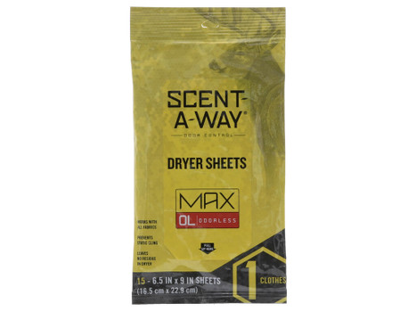Scent-A-Way 07707 Max Dryer Sheets Odor Eliminator Odorless Scent Dryer Sheet 15 Per Pkg