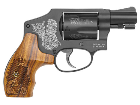 Smith & Wesson 150785 Model 442 38 S&W Spl +P 5 Shot 1.88" Engraved Black Carbon Steel Barrel/Cylinder, Engraved Black Aluminum J-Frame, Engraved Wood Grip, Mahogany Presentation Case