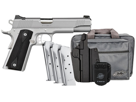Kimber Mfg, Inc 3700826 Stainless LW Club Bundle Full Size Frame 45 ACP 7+1 5" Stainless Match Grade Barrel, Serrated Stainless Steel Slide, Stainless Aluminum Frame w/Beavertail, Black Textured Grip