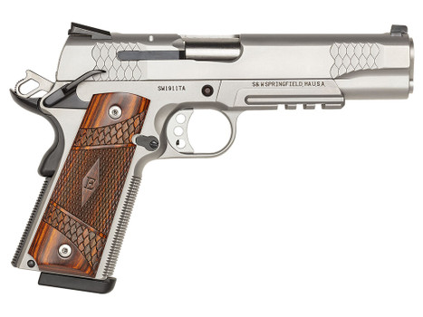 Smith & Wesson 108411 1911 E-Series 45 ACP 5" Barrel 8+1, Satin Stainless Steel Frame & Slide, Laminate Wood E Series Grip, Tactical Accessory Rail, Manual Grip & Thumb Safety