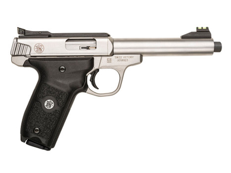 Smith & Wesson 10201 SW22 Victory Full Size Frame 22 LR 10+1, 5.50" Satin Stainless Steel Threaded Barrel, Slide & Frame, Black Textured Grip, Thumb Safety
