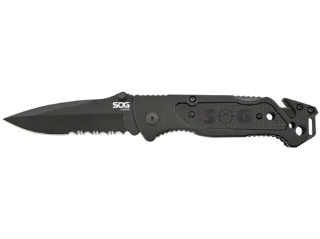 S.O.G SOGFF25CP Escape 3.40" Folding Clip Point Part Serrated Black Hardcased 9Cr18MoV SS Blade Black Anodized Aluminum Handle Includes Belt Clip