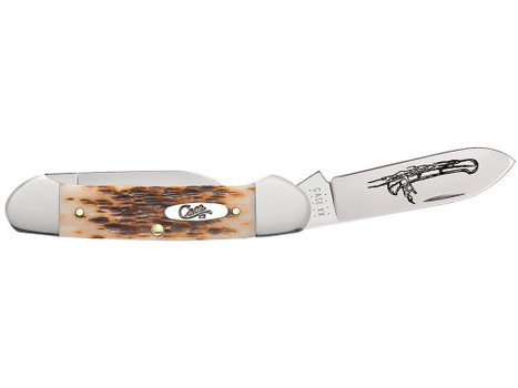 Case 00263 Canoe 2.60"/1.97" Folding Spear/Pen Plain Mirror Polished Chrome Vanadium Steel Blade/Peach Seed Jigged Amber Bone Handle