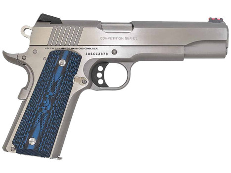 Colt Mfg O1073CCS Competition Government 38 Super 9+1 5" Stainless National Match Barrel, Serrated Slide & Frame w/Beavertail, Checkered Blue G10 Grip, Ambidextrous