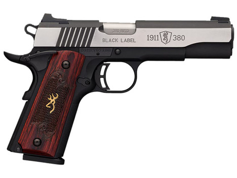 Browning 051914492 1911 Black Label Medallion Pro 380 ACP 8+1 4.25" Target Crown Barrel, Blackened w/Silver Polished Flats Serrated SS Slide, Matte Black Polymer Frame w/Beavertail
