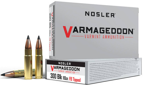 Nosler Varmageddon Hyper Velocity Centerfire Ammunition, 300 Blackout, Flat Base Tipped, 110 Grain - 20 Cartridge Box ( 20 / 1 )
